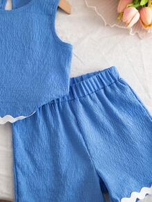 Elladie kids Bộ áo thun không tay và quần short kiểu dáng thường ngày dành cho bé gái (cỡ nhỏ), chất liệu vải có họa tiết, phối màu tương phản, gồm áo và quần short. - Màu xanh lam - Xem 6