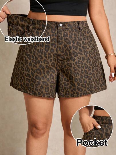 Elaquor Plus-Size Leopard Print Denim Shorts, High-Waisted, Comfortable Elastic Waistband With Pockets, Western Style, Hot Summer Shorts.