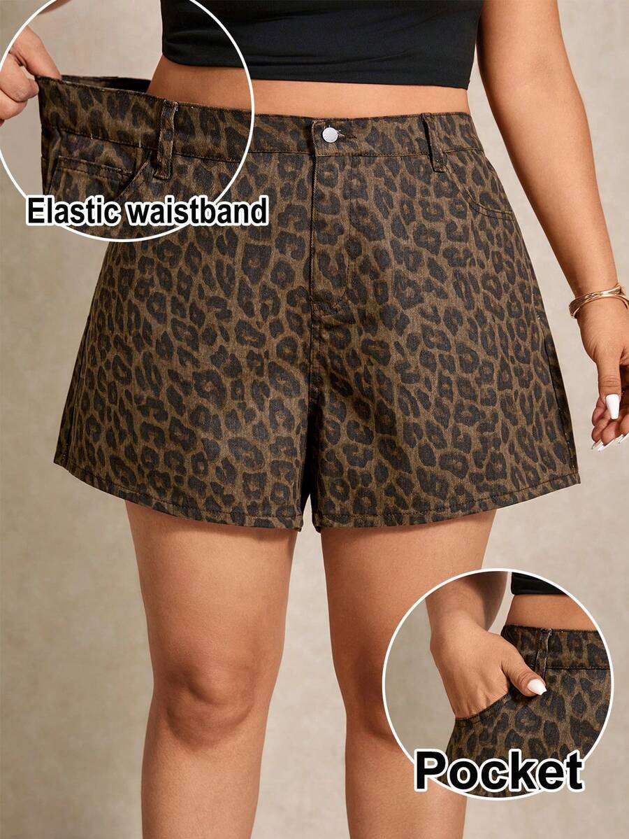Elaquor Plus-Size Leopard Print Denim Shorts, High-Waisted, Comfortable Elastic Waistband With Pockets, Western Style, Hot Summer Shorts. - Multicolor - View 1