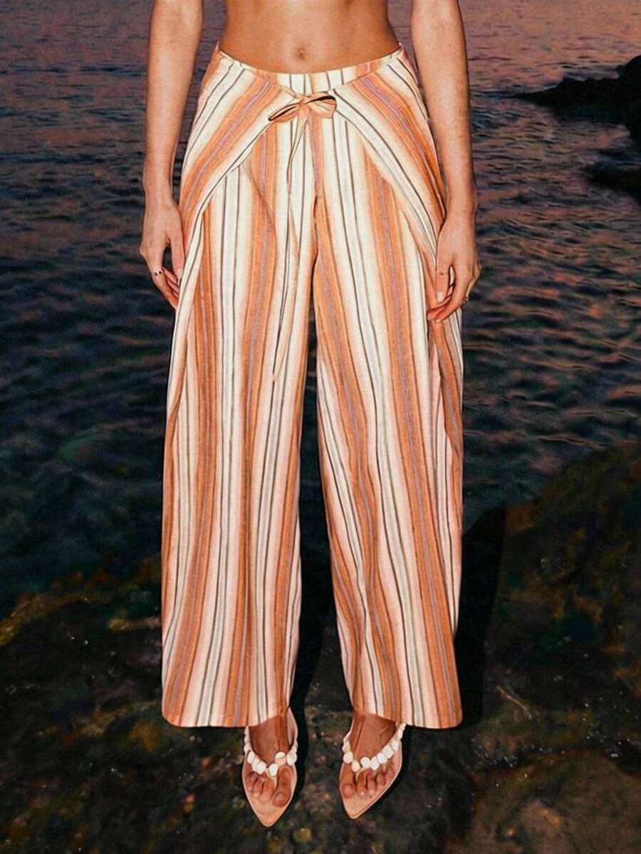 SHEIN ICON 度假休闲复古条纹抽绳裤 - 彩色 - 查看 1