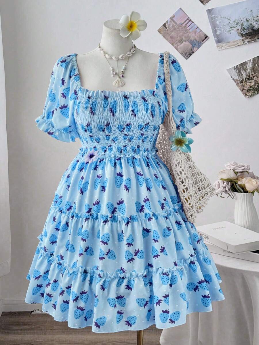 Sweetra 大码菱形领褶皱草莓印花拼接短袖女式连衣裙 - 彩色 - 查看 1