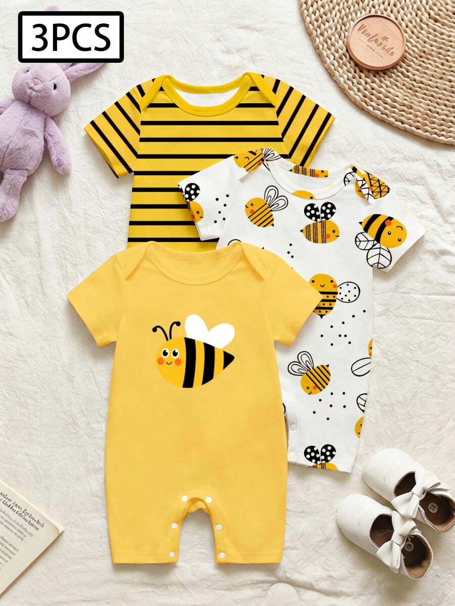 3件組新生兒嬰幼兒0-3歲可愛昆蟲與花卉條紋印花短袖連身褲 黑黃配色 夏季休閒可愛親子套裝外出穿搭 - 彩色 - 查看 1