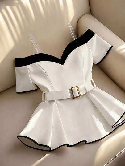 Franclia Women's Elegant Fashion Minimalist Versatile Black & White Contrast Metal Sun Buckle Decor Ruffle Hem Blouse, Summer