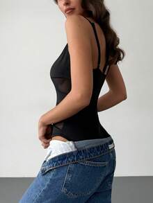 Rafferiza Modischer figurbetonter Mesh-Patchwork-Camisole-Bodysuit, Schwarz, vielseitig tragbar als Pendlerkleidung für Frühling/Sommer - Schwarz - Übersicht 2