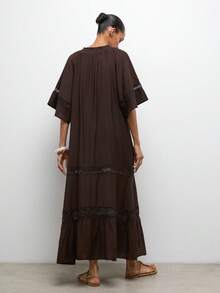 Maija Chocolate Brown Dress With Bell Sleeves, Lace Patchwork A-Line Silhouette, Casual Vacation Beach Wear Graduation Spring Summer Beach Outfits - Brown - View 9