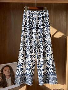 Linhara Pantalones anchos de uso diario con estampado todo sobre para mujeres de talla grande - Multicolor - Ver 1