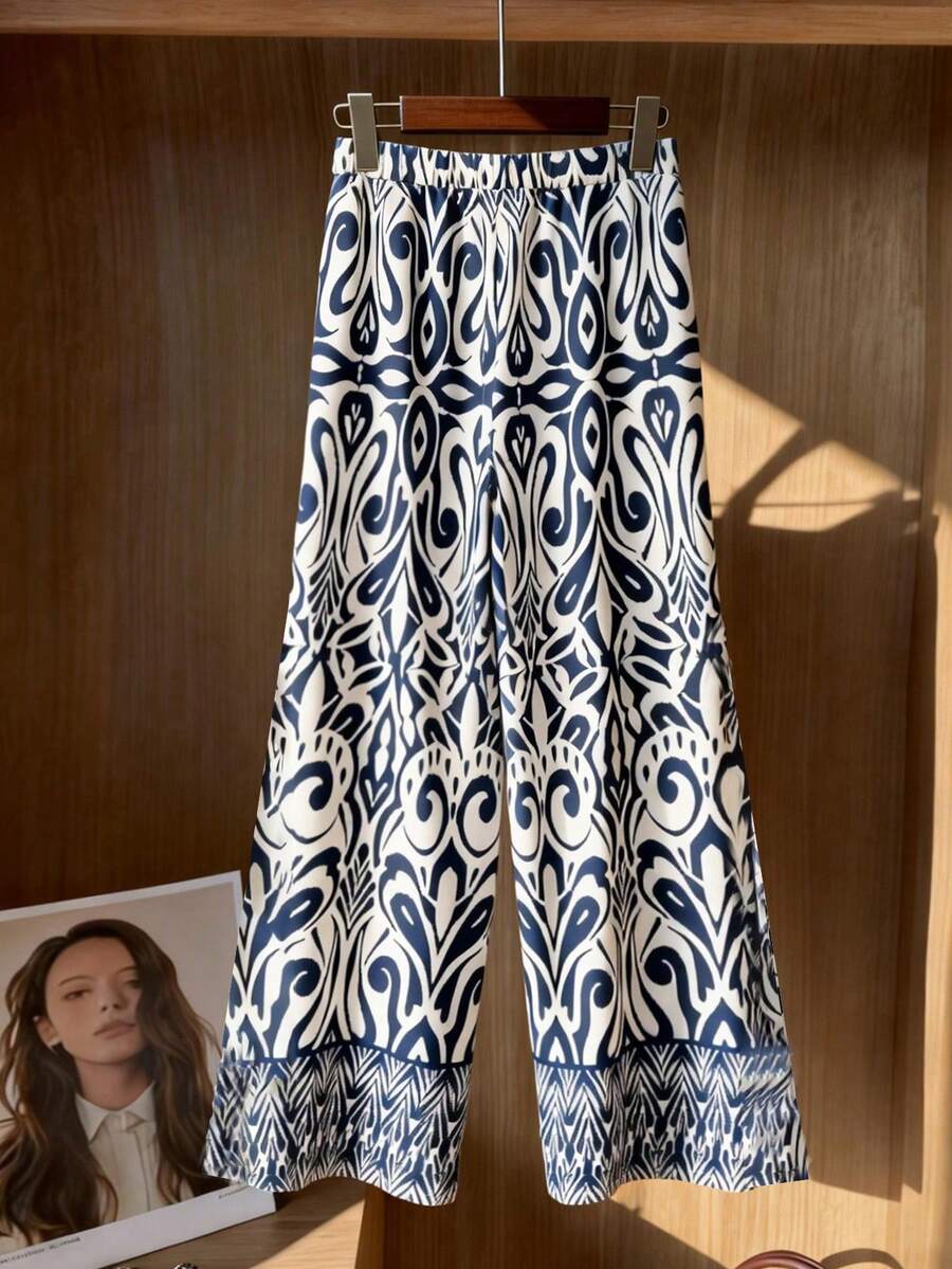 Linhara Pantalones anchos de uso diario con estampado todo sobre para mujeres de talla grande - Multicolor - Ver 1