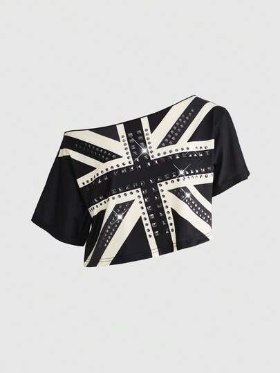 ROMWE Y2K Top court décontracté avec épaule dénudée, imprimé croisé et ornements de strass pour femmes