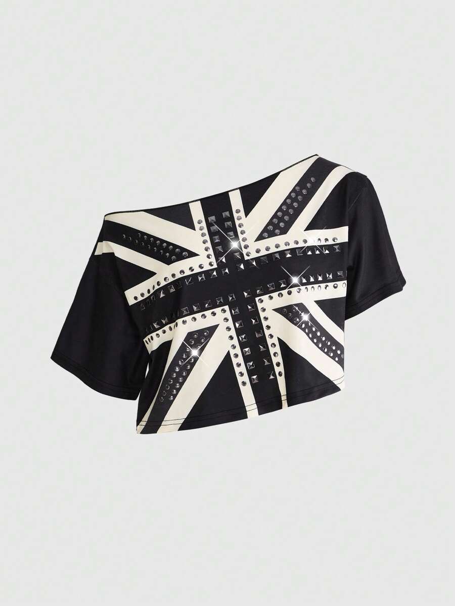 ROMWE Y2K 女士休闲斜肩交叉印花水钻装饰露脐上衣 - 黑色 - 查看 1
