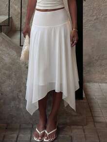 MainGRL Women's White Asymmetrical Hem Flowy Chiffon Skirt, Suitable For Spring/Summer Vacation  Festival Dresses Elegant Party  Bridesmaid Dress Wedding Guest Dresses Graduation Dress  Vacation Outfits Women White - White - View 5