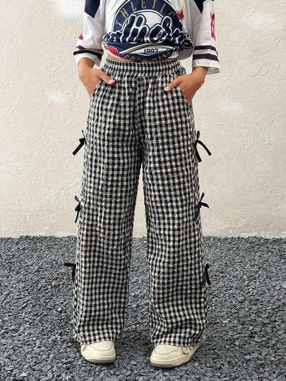 Coolane Kids Girls Tween Casual Fashionable Elastic Waist Loose Plaid Cotton Bowknot Decor Wide Leg Pants, Versatile For Summer Home & Outdoor Wear