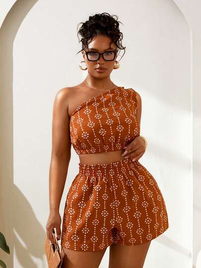 Slaydiva 2025 新款春夏大码女装复古西部/热带/音乐节/夜店/公路旅行/休闲/城市度假/毕业典礼/优雅度假/沙滩装/独立日女装不对称扭结上衣搭配松紧腰短裤两件套