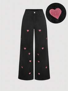 SHEIN MOD Women's Heart Embroidered Pocket Wide Leg Loose Casual Versatile Jeans - Black - View 3