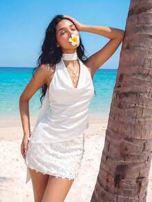 Sweetina 女士不对称下摆飘逸系带装饰露背吊带上衣 - 白色 - 查看 4