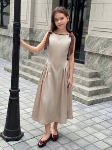 SHEIN 青少年女孩拼色蝴蝶結收腰洋裝，米色夏季優雅派對休閒時尚百搭畢業季母親節返校儀式穿搭 - 彩色 - 查看 5