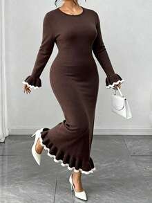 Elenzga Vestido de punto con bloque de color, volantes y elegante para talla grande - Café integral - Ver 5