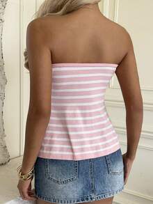 CovetEZ 女士条纹前抽绳设计时尚抹胸针织衫 - 粉色 - 查看 6