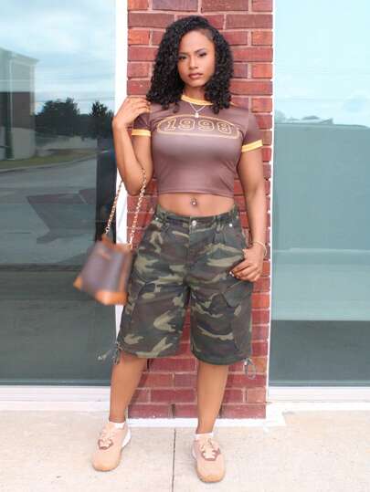 Steph T 女士迷彩印花休闲宽松口袋牛仔工装短裤