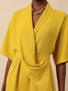 Vesra 时尚休闲度假V领宽松短袖女式连衣裙 - 黃色 - 查看 3