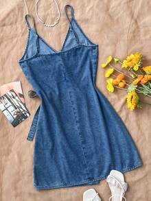 Vestido de mezclilla con tirantes y decoración de lazo para uso casual y citas - Azul lavado medio - Ver 2