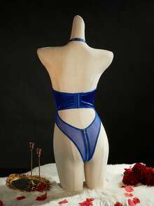 SpicyHot Bộ jumpsuit nữ thời trang gợi cảm phối lưới, cổ yếm, thích hợp cho mùa hè. - Xanh đậm - Xem 2