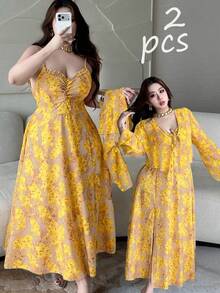 Vibekara Conjunto de 2 piezas de cárdigan y vestido de tirantes minimalista de gasa floral para verano, de corte slim, rejuvenecedor para vacaciones en la playa - Amarillo - Ver 3