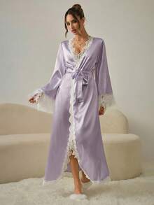 HautHeat Women's Elegant Contrast Lace Faux Feather Decorated Robe - Mauve Purple - View 3