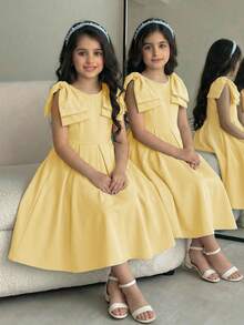 Tween Girl Spring/Summer Elegant Beaded Dress With Large Yellow Bow Decor Tween Girl - Yellow - View 3