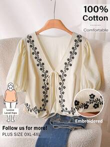 CosyJoli 大码休闲复古刺绣花瓣袖系带衬衫 - 杏色 - 查看 3