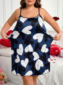 SHEIN CURVE+ CURVE PLUS /Valentine's Day/Plus Size Women Casual Letter Print Cami Dress, Suitable For Valentine's Day - Navy Blue - View 3