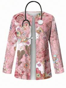 PopScrub Áo khoác đồng phục y tế in họa tiết hoa 3D lấp lánh, áo cardigan thời trang kèm khuyên tai cho y tá, áo khoác đồng phục mùa xuân/hè. - Nhiều màu - Xem 1