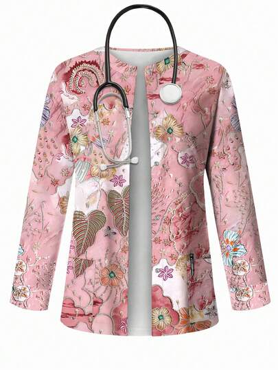 PopScrub 3D立体花卉植物闪光印花护士服外套，时尚开衫配垂坠耳环，春夏护士服外套