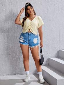 SHEIN EZwear Plus Size Women V-Neck Ruched Short Sleeve Cropped Shirt - Apricot - View 4