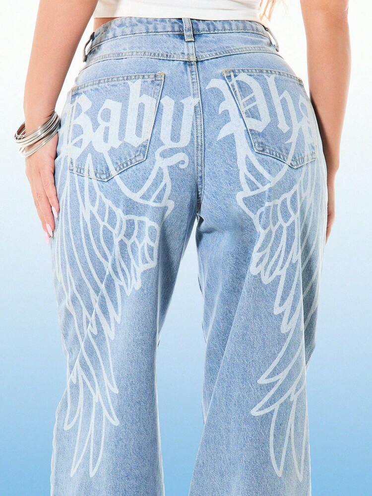 BABYPHAT Jeans ample à taille haute pour femmes avec œillets métalliques et imprimé d'ailes d'ange au dos, en denim vintage lavé, pantalon palazzo