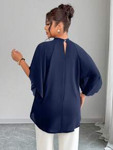 Elenzga Plus Size Women's Round Neck Ruched Sleeve Wavy Hem Loose Blouse, Spring/Summer - Navy Blue - View 2