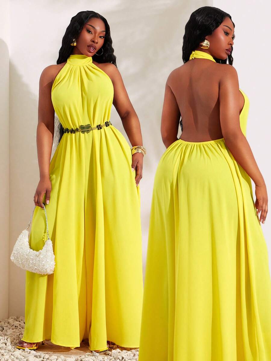SHEIN SXY Bộ jumpsuit nữ cỡ lớn màu trơn, cổ yếm, dáng rộng, hở lưng, xếp ly, kiểu dáng thường ngày. - Màu vàng ngỗng - Xem 1