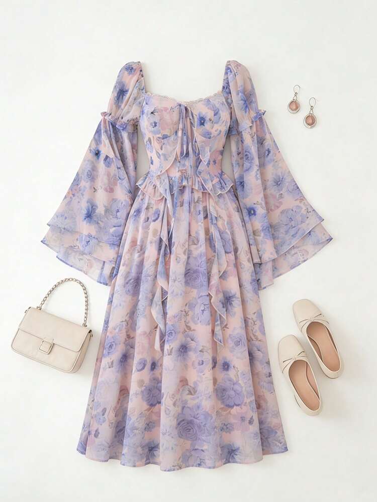 Women's Elegant Floral Lace Patchwork Ruffle Tie Waist Mid-Length Dress, Spring/Summer,Wedding Guest Dress Women Sundress Boho