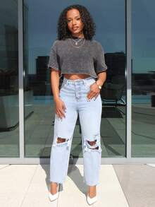 Steph T Y2k破洞原始邊緣修剪直腳牛仔褲 - 淺色水洗藍 - 查看 6