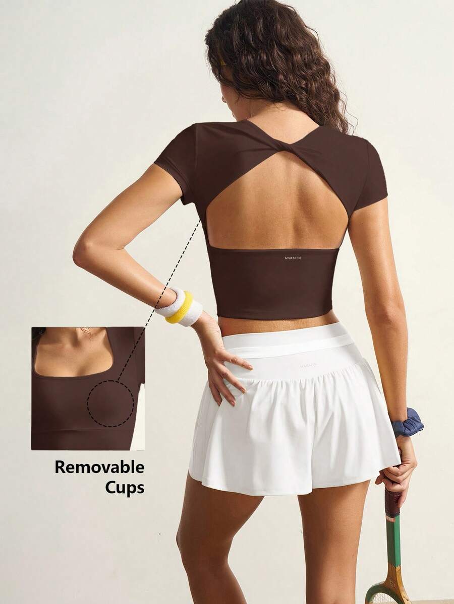 VARSIVA Áo tập thể dục nữ, áo thun thể thao ngắn tay màu trơn, áo corset thể thao ngắn tay mùa hè. - Cà phê nâu - Xem 1