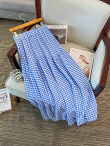 GlowEve Elegant Casual Daily Blue & White Plaid Loose A-Line Skirt For Women - Blue - View 4