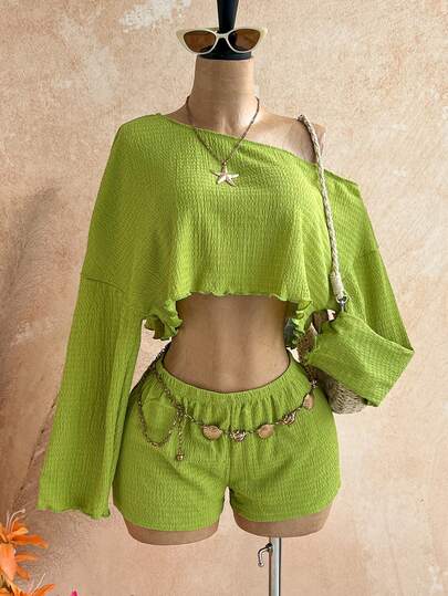 Soleia Women's Casual Vacation Style Solid Color Irregular Neck Lettuce Trim Cropped Top And Shorts 2-Piece Set, Spring/Summer,Green,Beach Vacation Outfits For Women,Casual Sets For Women