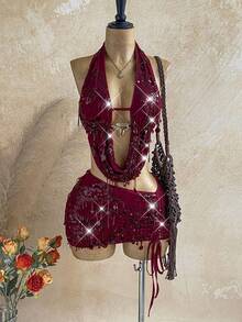 Soleia 两件套新款休闲系带金属扣针织上衣+百褶裙，适合下午茶、海滩、音乐节等场合。 - 酒紅色 - 查看 1