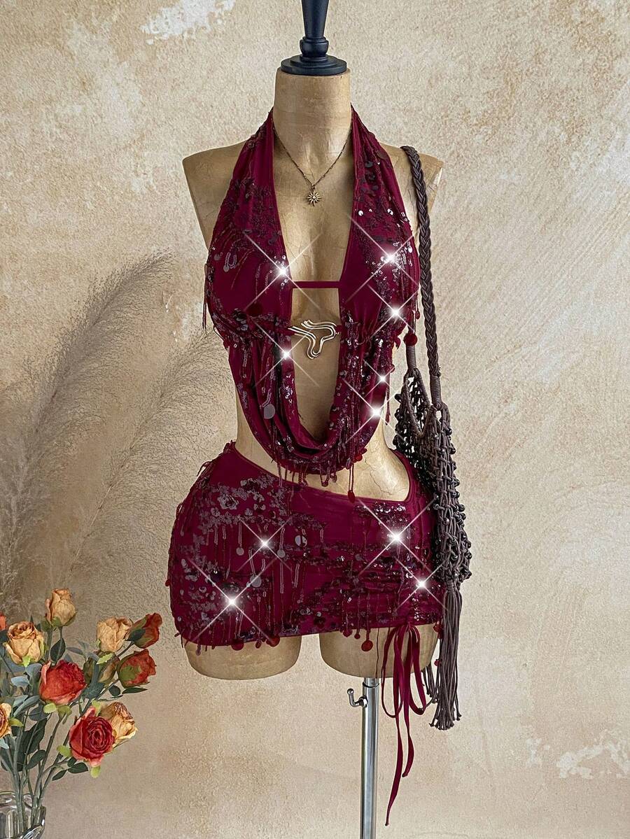 Soleia 两件套新款休闲系带金属扣针织上衣+百褶裙，适合下午茶、海滩、音乐节等场合。 - 酒紅色 - 查看 1