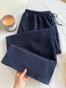SHEIN CURVE+ Curve 尺码 US22 音乐节、海滨度假、波西米亚风宽松直筒抽绳腰灯芯绒裤，牛仔蓝 - 藍色 - 查看 7