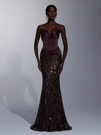 Elitara Elegant Luxurious Beaded & Sequin Embroidered 3D Floral V-Neck Mermaid Hem Dress With Satin & Ruched Fabric, Suitable For Weddings, Parties, Vacations, Galas, Formal Events (Heavily Embellished)