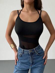 Rafferiza Modischer figurbetonter Mesh-Patchwork-Camisole-Bodysuit, Schwarz, vielseitig tragbar als Pendlerkleidung für Frühling/Sommer - Schwarz - Übersicht 3