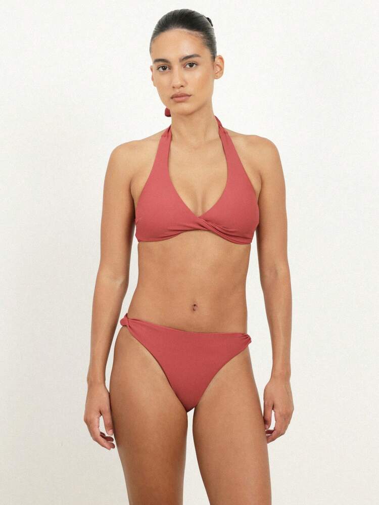 KSTM Conjunto de Maiô Bikini Halter Feminino com Detalhe Torcido na Frente e Fechamento com Amarração nas Costas, Roupa de Banho de Praia de Verão, Duas Peças