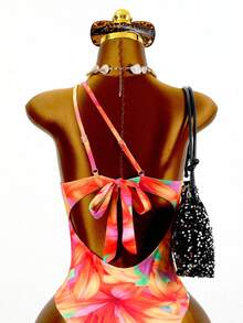 Zestiva Vestido de una pieza con estampado floral, accesorio circular, tirantes irregulares y huecos, espalda descubierta, traje de baño triangular sexy, conjunto de dos piezas para vacaciones de primavera y verano en la playa - Multicolor - Ver 8