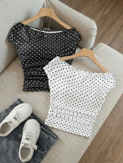SHEIN 3pcs/Set Tween Girls Vacation Tight Off Shoulder Multicolor T-Shirts