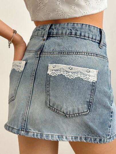 SHEIN Damen Mittelwaschwäsche Denim Rock mit niedriger Taille, Lässig Stil